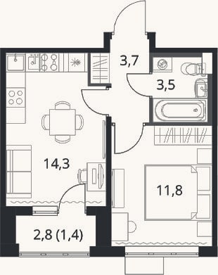 Планировка: 1-к, 33,3 м²