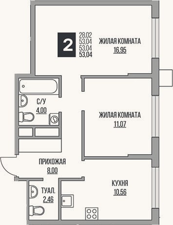 Планировка: 3-к, 53 м²