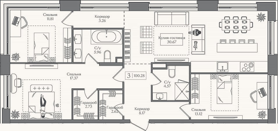 Планировка: 4+ к, 100,3 м²
