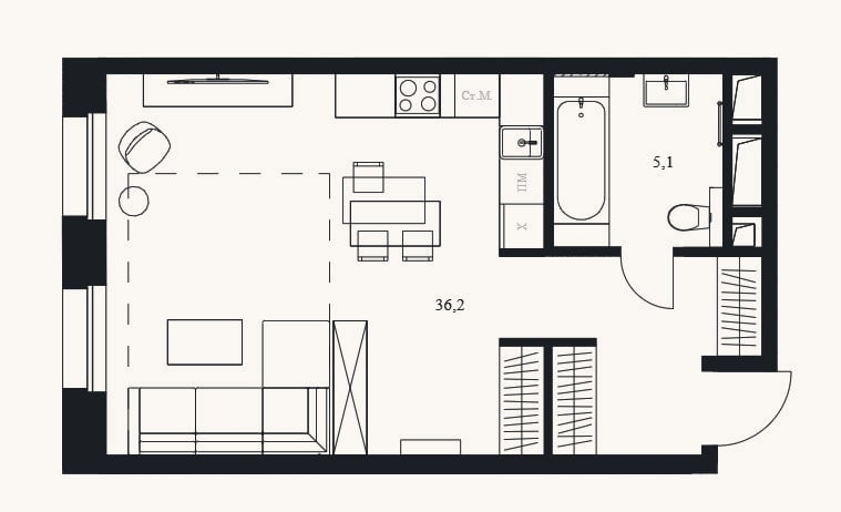 Планировка: Студия, 41,3 м²