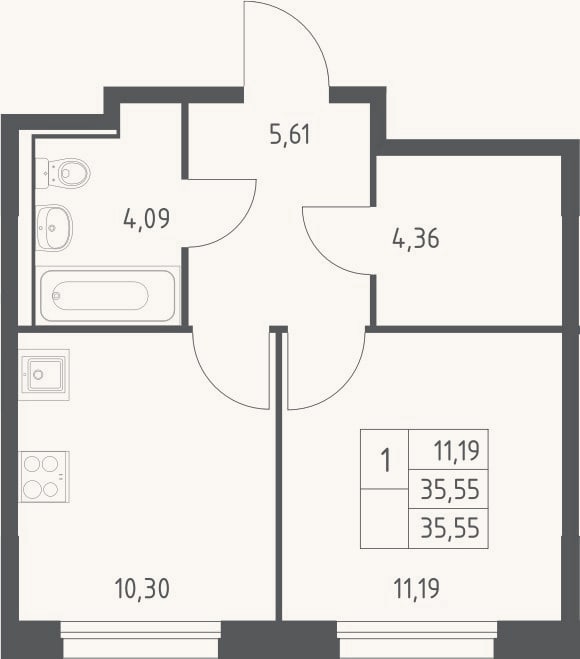Планировка: 1-к, 35,6 м²