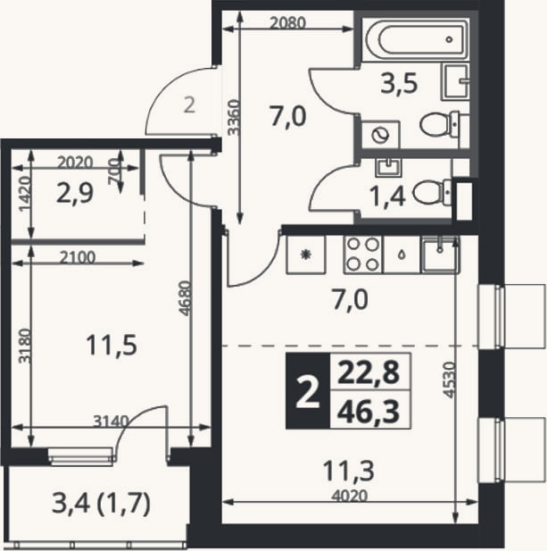 Планировка: 2-к, 44,6 м²