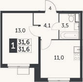 Планировка: 1-к, 31,6 м²
