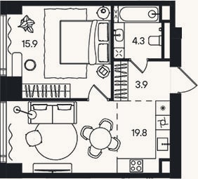 Планировка: 2-к, 44,3 м²