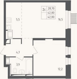 Планировка: 2-к, 42,8 м²