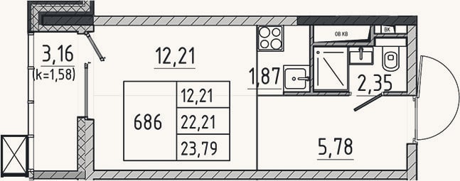 Планировка: Студия, 22,2 м²