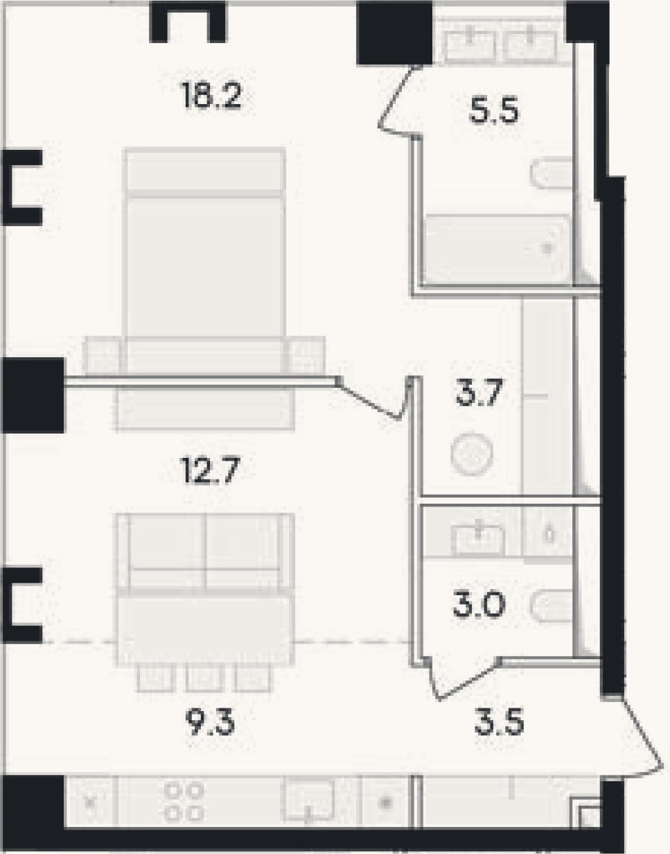 Планировка: 2-к, 58 м²