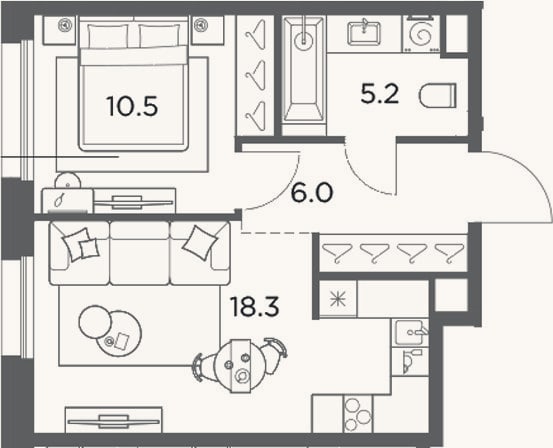Планировка: 1-к, 40 м²
