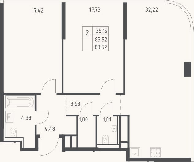 Планировка: 3-к, 83,5 м²