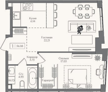 Планировка: 2-к, 56,1 м²