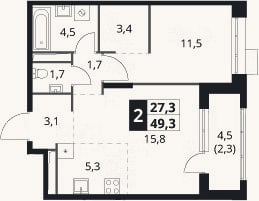 Планировка: 2-к, 47 м²