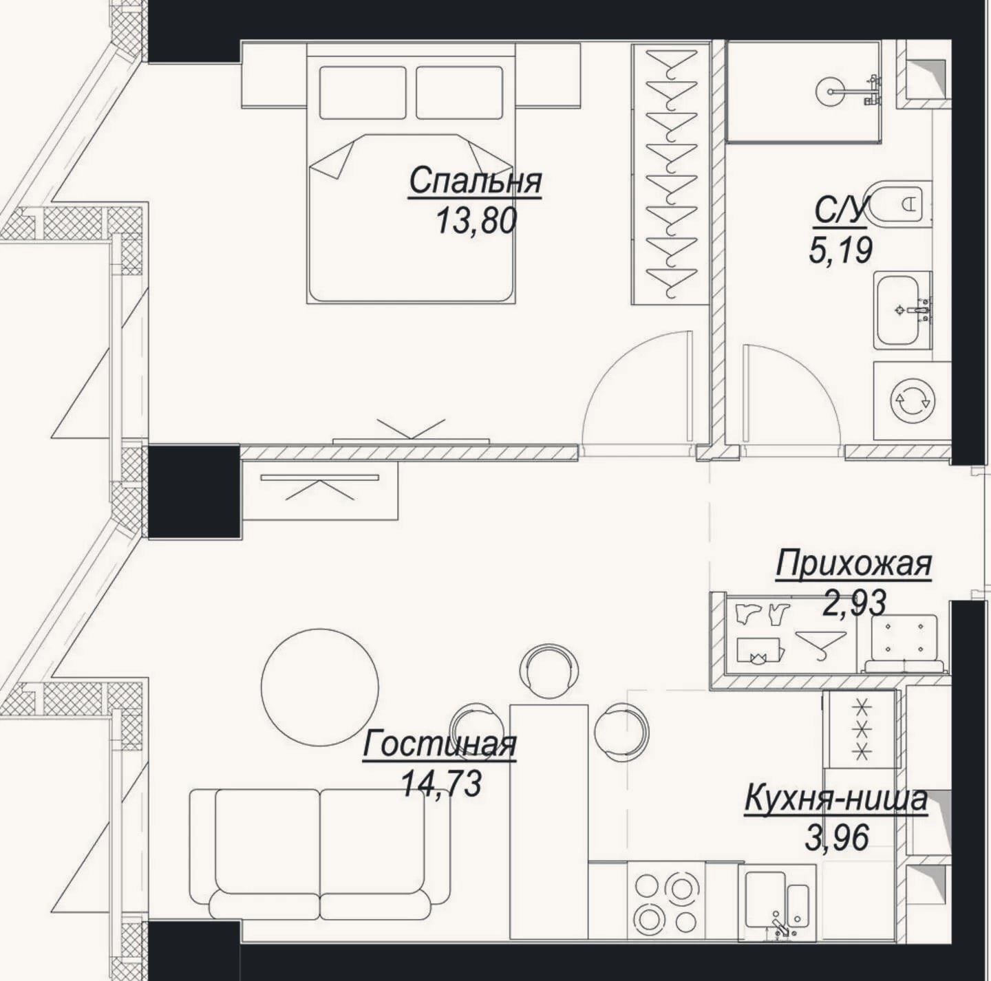 Планировка: 2-к, 40,6 м²