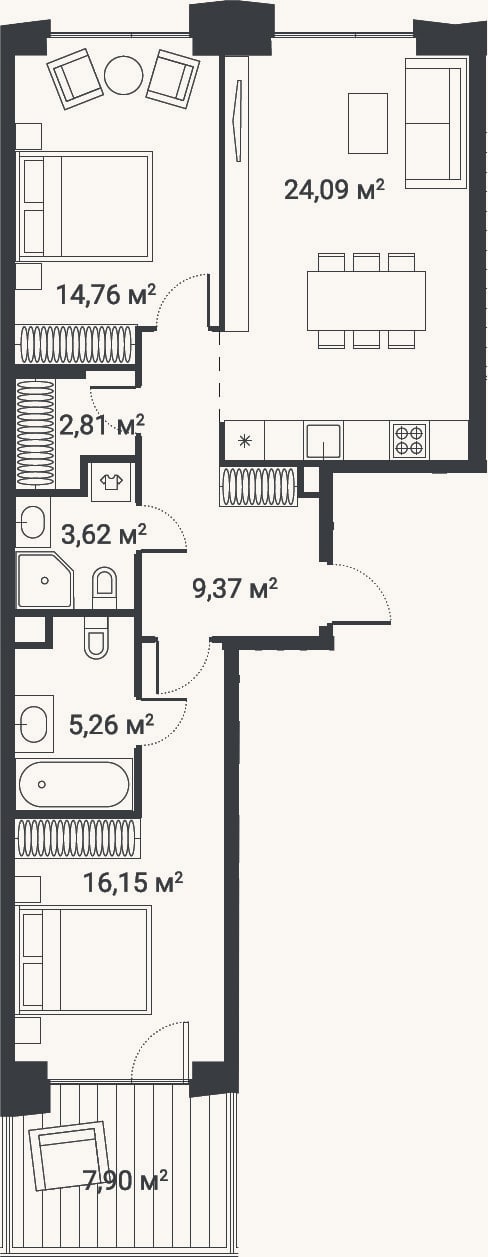 Планировка: 3-к, 74,4 м²