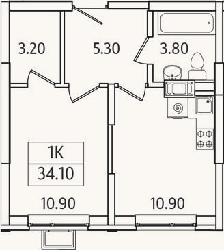Планировка: 1-к, 34,1 м²