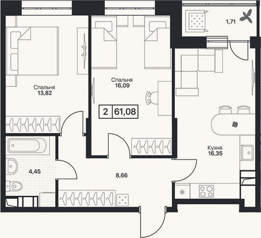 Планировка: 2-к, 59,4 м²
