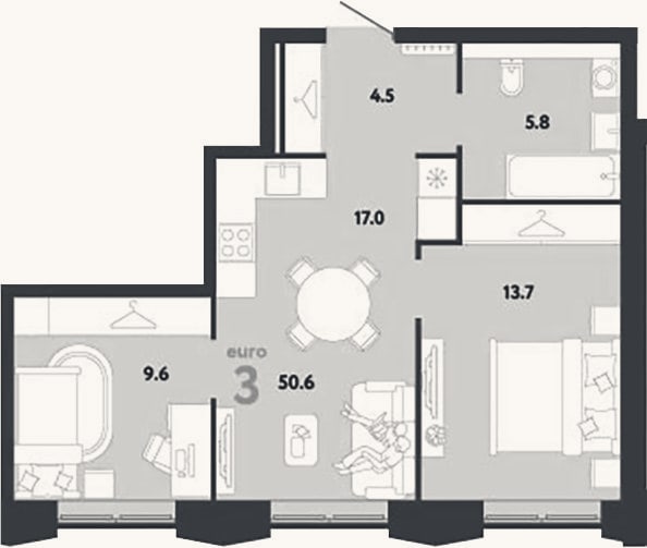 Планировка: 3-к, 50,6 м²