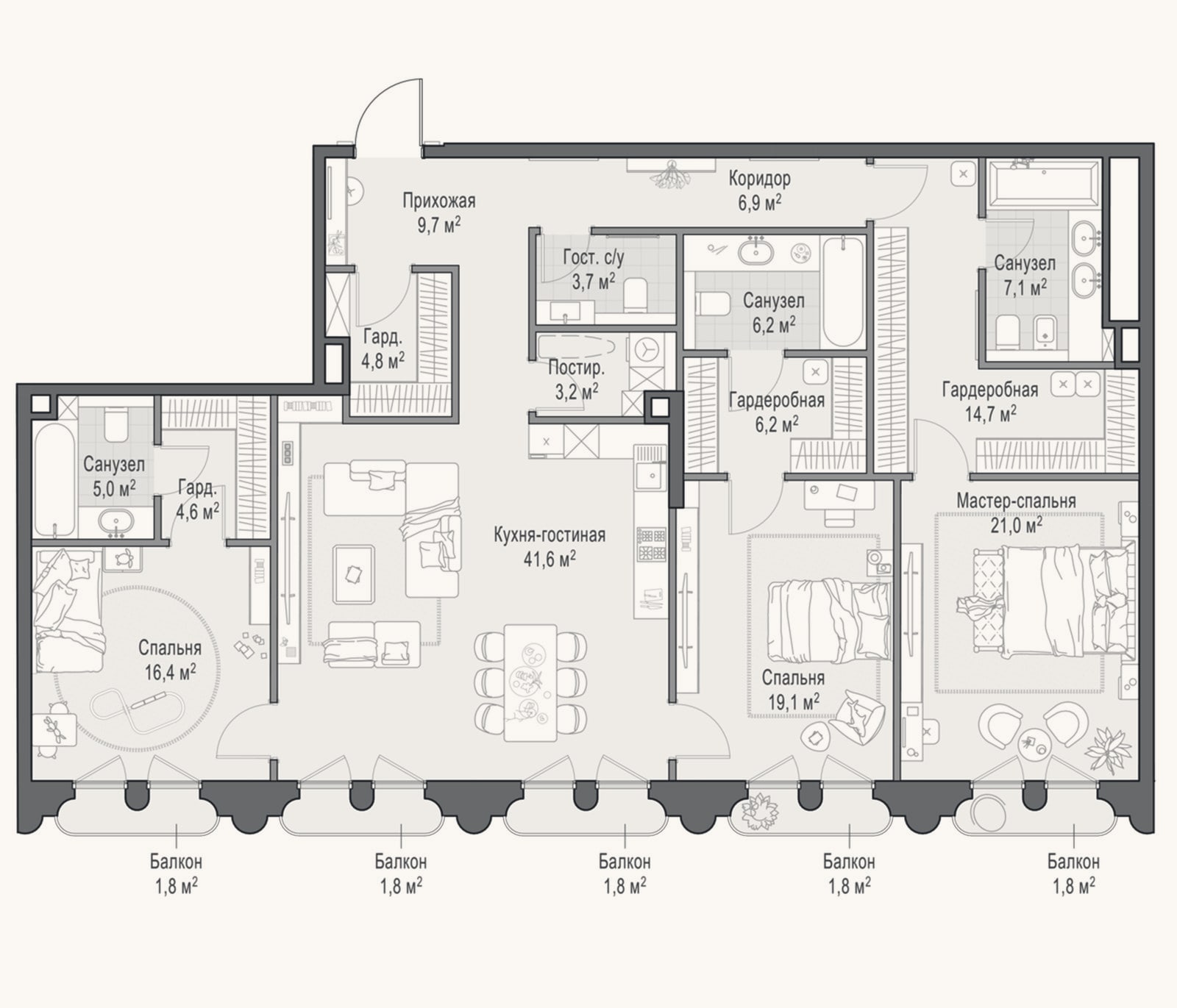 Планировка: 4+ к, 174,7 м²