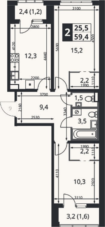 Планировка: 2-к, 56,6 м²