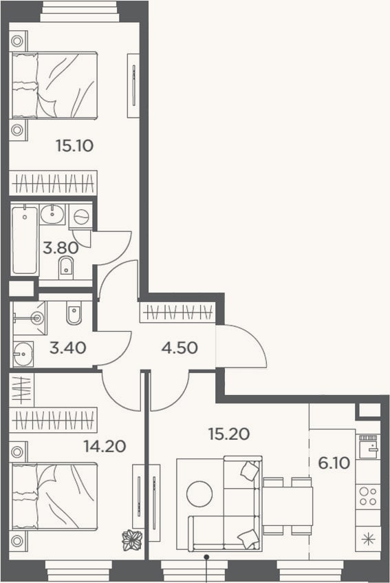 Планировка: 3-к, 62,3 м²