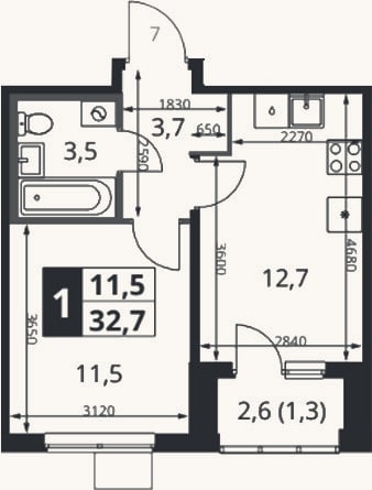 Планировка: 1-к, 32 м²