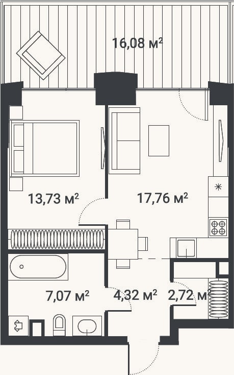 Планировка: 1-к, 44,9 м²