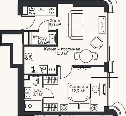 Планировка: 2-к, 39,4 м²