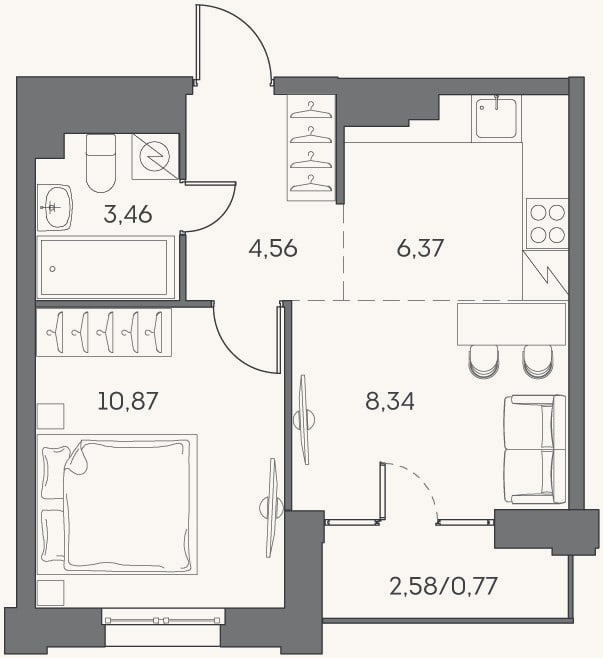 Планировка: 2-к, 33,6 м²