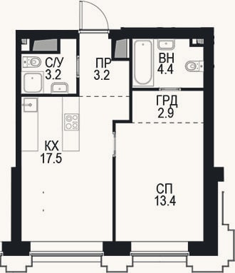 Планировка: 1-к, 44,6 м²