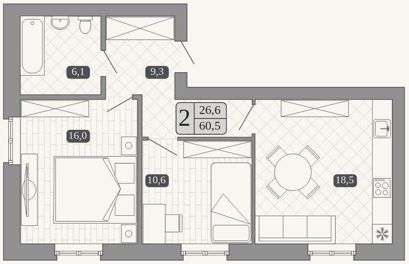 Планировка: 3-к, 59,6 м²