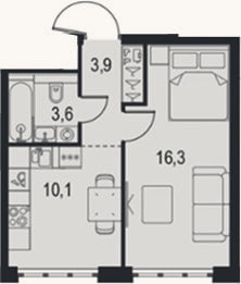 Планировка: 1-к, 33,9 м²