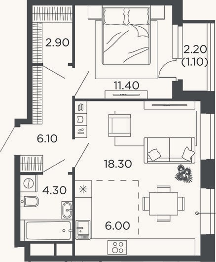 Планировка: 2-к, 49 м²