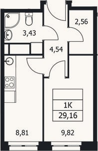 Планировка: 1-к, 29,2 м²