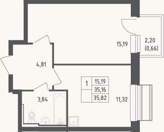 Планировка: 1-к, 35,2 м²