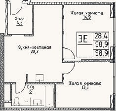 Планировка: 3-к, 58,9 м²