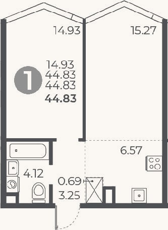 Планировка: 1-к, 44,8 м²