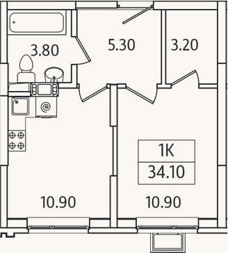 Планировка: 1-к, 34,1 м²