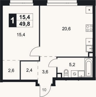 Планировка: 1-к, 49,8 м²