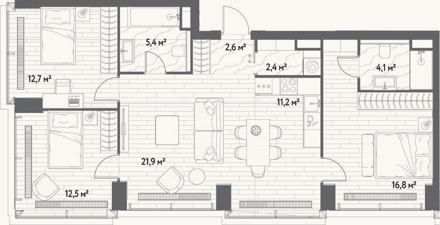 Планировка: 4+ к, 89,6 м²