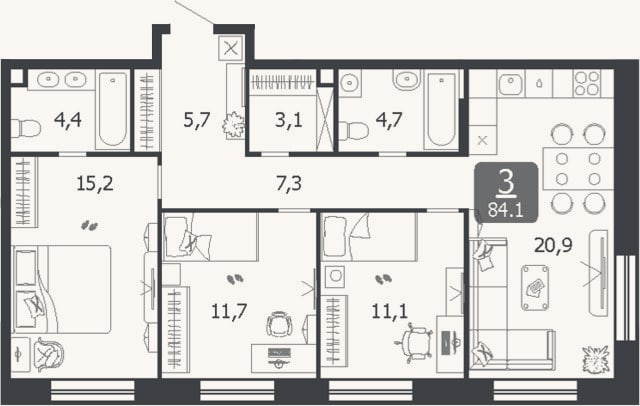 Планировка: 4+ к, 84,1 м²