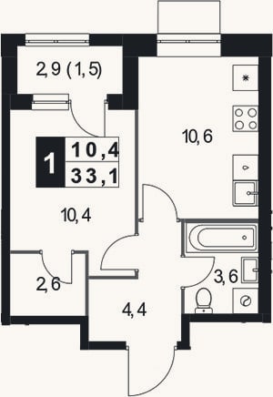 Планировка: 1-к, 31,6 м²