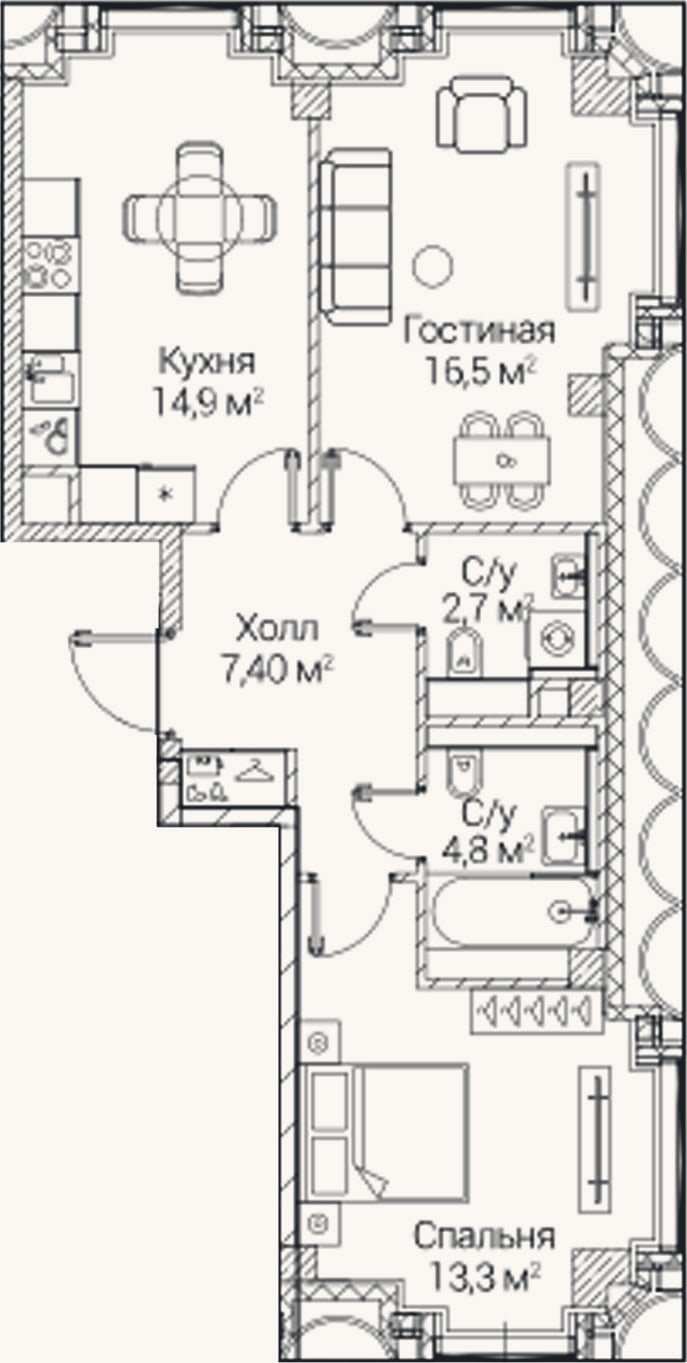 Планировка: 2-к, 59,3 м²