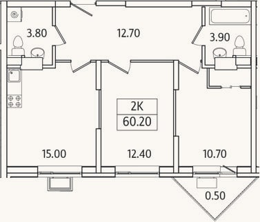 Планировка: 2-к, 59,7 м²