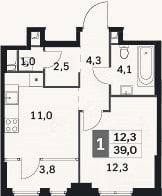 Планировка: 1-к, 35,2 м²