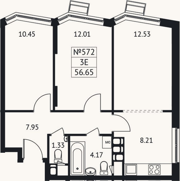 Планировка: 3-к, 56,7 м²