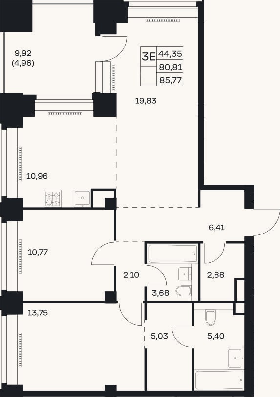 Планировка: 3-к, 80,8 м²