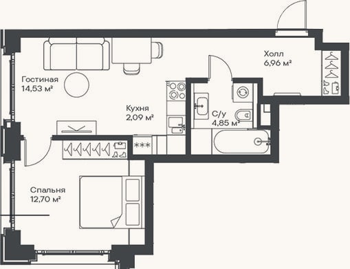 Планировка: 2-к, 41,1 м²