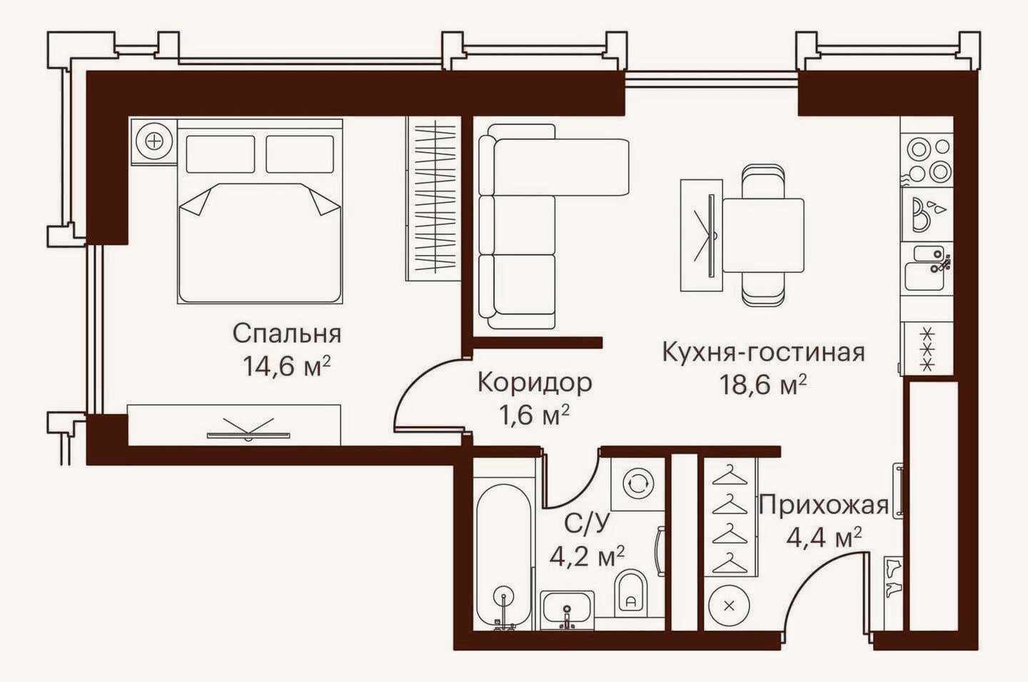 Планировка: 2-к, 43,4 м²