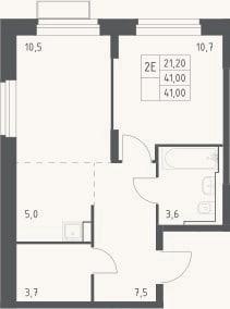 Планировка: 2-к, 41 м²