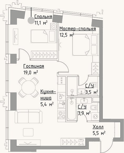 Планировка: 3-к, 60,9 м²