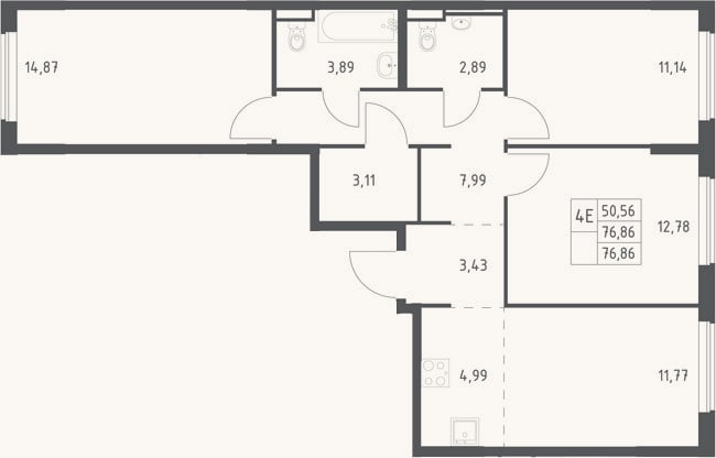 Планировка: 4+ к, 76,9 м²